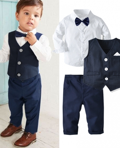 طقم ملابس أطفال قطني للأولاد ملابس رسمية للأطفال قميص بأكمام طويلة مع ربطة فيونكة سترة 4 قطع بدلة حفلة من أجل