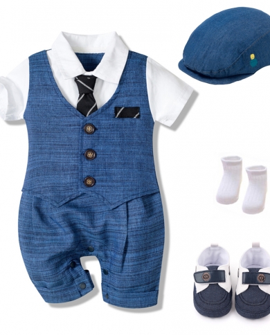 بدلة رومبير صيفية للأطفال حديثي الولادة ملابس رسمية من القطن للأطفال قبعة بذلة أحذية جوارب 4 قطع الزي الأزرق