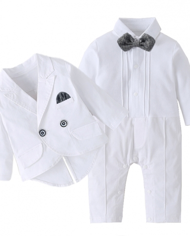 فستان طويل الأكمام أبيض لتعميد الأطفال للأولاد رومبير مع معطف مزدوج الصدر طقم أطفال حديثي الولادة صلب