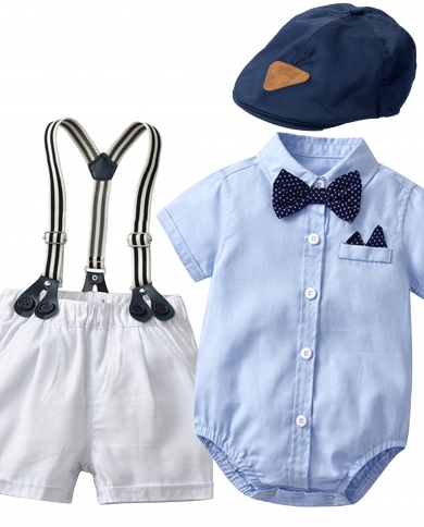 ملابس حديثي الولادة مكونة من 5 قطع للأطفال الأولاد بدلة صيفية باللون الأزرق السماوي قبعة قصيرة بيضاء وسراويل قصيرة أطقم ملابس شه
