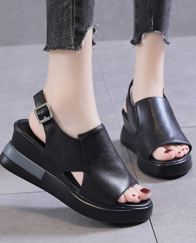 2022 Summer Women Shoes Wedge Sandals High Heels Pu Leather Cross Strap Casual Shoes Ladies Open Toe Solid Buckle Sandal