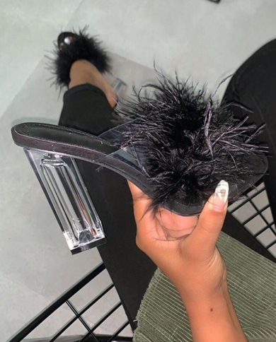 Transparent Heels Fashion Fluffy Slippers Women Shoes Summer Outdoor Crystal Clear Furry Slides Women Sandals High Heels