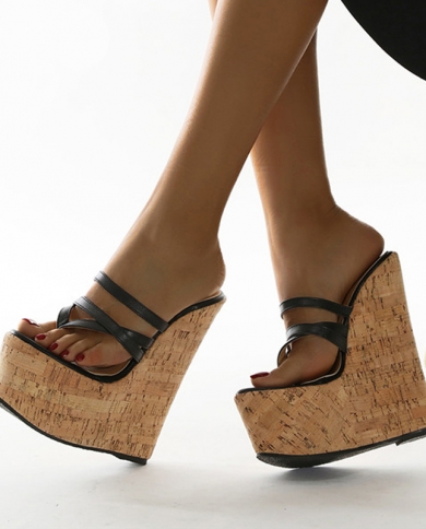 2022 New  Super High Heels 18cm Platform Wedges Slippers Narrow Band Shoes Women Sandals Mules Summer Slippers Black 35 