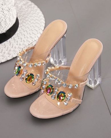 Summer Sandals Women Heels Fashion Crystal Diamond Slides Clear Pvc Transparent Heels Women Shoes Peep Toe High Heels Sl