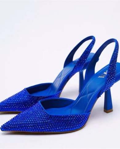 Spring Summer New Womens Shoes Diamond Pointed Toe Slingbacks Heels Shoes Blue Black Womens Sandals Mules Stiletto Siz