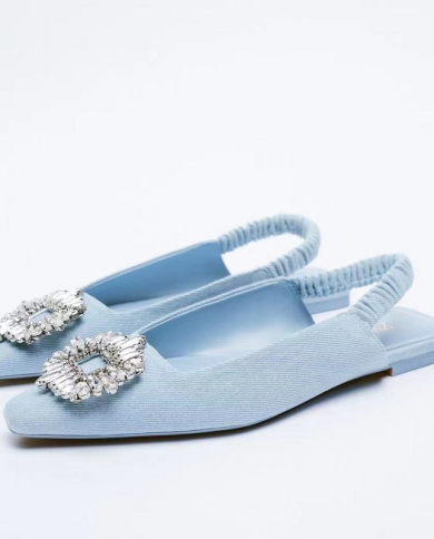 Shoes Summer Sandals Women Shoes Blue Denim Fabric Flat Sandals Casual Mules Rhinestone Sequins Designer Womens Sandals 