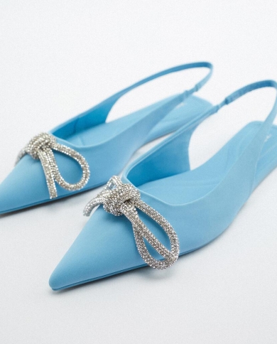 2022 Summer Sandals Women New Blue Pointed Toe Bow Rhinestone Flat Sandals Back Strap  Slingback Mules Single Shoes  Wom