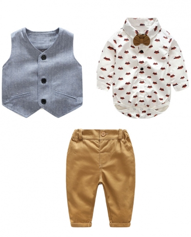 Newborn Boy Clothing Sets Cotton Gentleman Autumn Spring Fashion Plaid Rompers  Pants  Vest Baby Outfits 0 24m Kb8082c