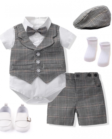 Summer Baby Clothing Newborn Boys Cotton Outfits 7 Pcsset Formal Children Party Birthday Dresses Kids Plaid Costume  Ba