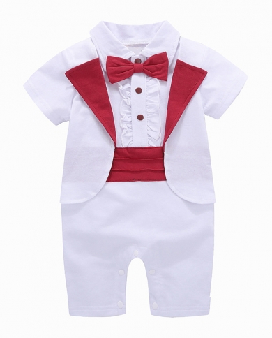 Baby Rompers For Newborn Summer Clothes Boys Short Sleeve Outfit Children Formal Onepieces Tuxedo Cotton White Red  Romp