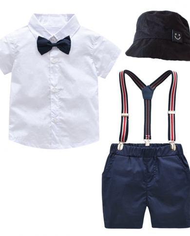 Summer Boys Clothes With Hat 16 Years Kids White Shirt  Navy Shorts  Black Cap 5 Pcs Children Wedding Suits Costume  C