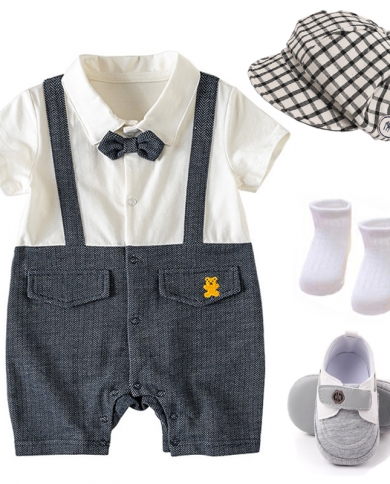Ropa de manga corta, conjunto de bebé para niños, traje para recién nacido, pelele con sombrero, zapatos, algodón, verano, niños