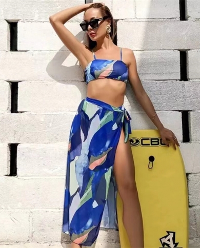 2022  3 Pieces Bikini Low Waist Swimsuit Women Bathing Suit Swimwear Cover Up Bikini Set Beach Dress Biquini Bandeau Bat