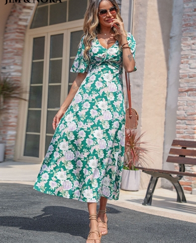 Jim  Nora Vintage Bohemian Short Sleeve V Neck Green Floral Boho Long Dresses Women Holiday Summer Dress A Line Beach V