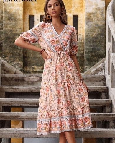 Jim  Nora Women Summer Beach Boho Print Vintage Robe Bohemian Floral Dresses Short Sleeve V Neck Midi Vestidos Casual S
