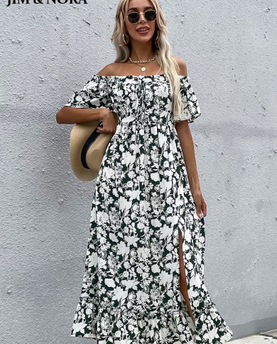 Jim  Nora  Women Short Sleeve Off Shoulder Summer Holiday Beach Sundress Floral Print Split Casual Dress Fashion Elegan