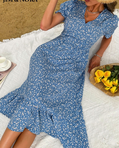Jim  Nora Womens Short Puff Sleeve Boho Floral Printed V Neck Corset Blue Casual Ladies Summer Beachmidi Dress  Dresse