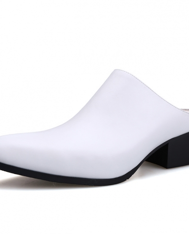 Hommes demi pantoufles 5 cm talons hauts chaussures noir bleu blanc été bureau sandales en cuir véritable bout pointu 2022 mode
