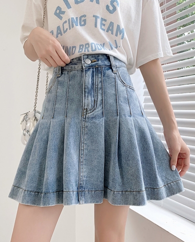 Zoki Jean Women Pleated Skirts Summer High Waist Plus Size A Line Denim Skirts Blue Fashion  Casual Mini Skirts 5xl New