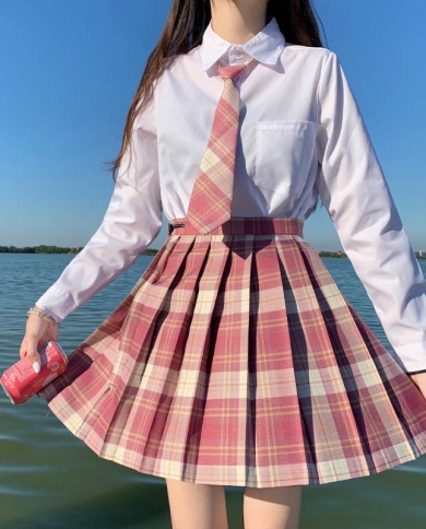Zoki Pink Sweet Women Plaid Skirt Jk Girls Preppy Dance Mini Pleated Skirt A Line Harajuku  School Fashion Tie Bow Skirt