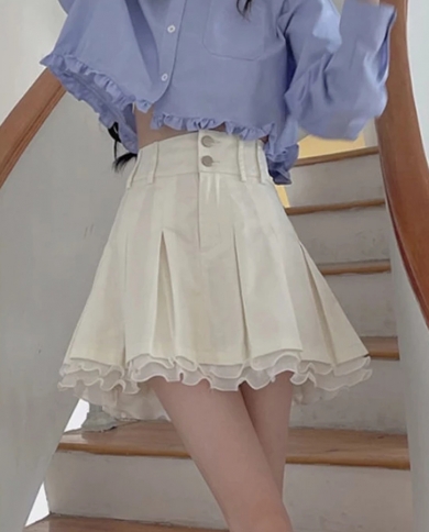Zoki High Waist Kawaii Pleated Skirt Fashion Ruffles Women Sweet Patchwork Preppy Style Mini Shirts White A Line Student