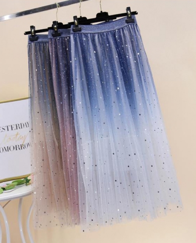 Zoki Starry Sky Women Tulle Skirt Fashion  Sequined Elastic Waist Mesh Midi Skirt Elegant Party Summer Female Faldas Ski