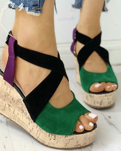 2022 New Summer Womens Sandals Opentoe Wedge Shoes Color Block Highheeled Sandals Women Slipon Platform Fish Mouth Shoe