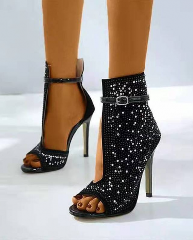 Womens High Heels And Ankle 2022 Summer New Crystal Black Shoelaces Temperament High Heels Womens Party Rhinestone Dec