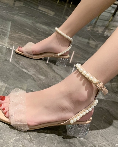 2022 New Rome Shoes Thick Heel Sandals Female Summer Fairy Style High Heel Mid Heel Lace Gentle Pearl Fashion Sandals