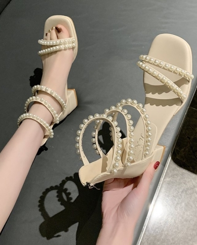 Sandals Women Summer New Fashion Womens Sandals 2022 All Match  Style Pearl Thick Heel Square Toe Open Toe Roman Shoes