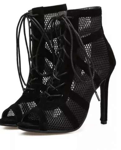 2022 New Fashion Show Black Net Fabric Cross Strap  High Heel Sandals Woman Shoes Pumps Lace Up Peep Toe Sandals