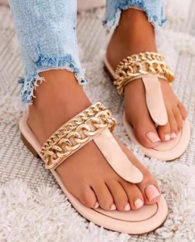 2022 Summer New Womens Casual Clip Toe Flat Sandals Metal Chain Decoration Fashion Comfortable Hot Sell Outdoor Slipper