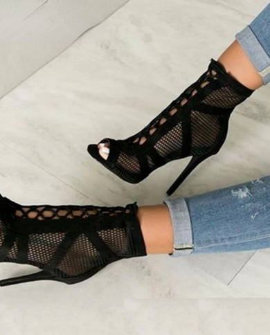 11cm 2022  Fashion Black Summer Sandals Lace Up Cross Tied Peep Toe High Heel Ankle Strap Net Surface Hollow Out Sandals