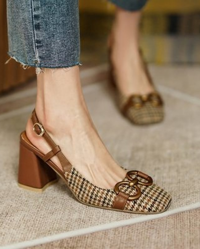 Womens Metal Decoration High Heels Summer Square Toe Pumps For Women Vintage Plaid Buckle Lady Sandals Mid Heel Female 