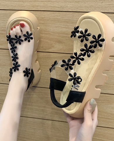 Women Shoes Sandals Ins Tide 2022 New Female Summer Flowers Flat Fashion Thick Sole Transparent High Heels Ladies Sandal