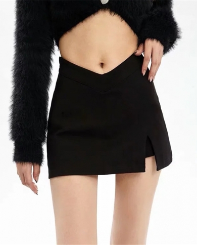 Summer 2022 Casual Skirt  Fashion Black Skirt Mini V Shaped Waist Skirts Vintage Clothes Short Skirt Split Elegant Skort