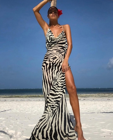 2022  Spaghetti Strap Side Split Beach Dress Summer Sundress Women Clothes Elegant Zebra Back Open Club Party Dresses