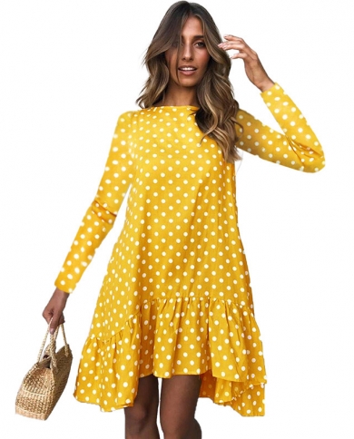 Women Autumn Dress Fashion Polka Dot Chiffon Dress Long Sleeve O Neck Ruffle Female Casual Yellow Dress  Retro Vestido M