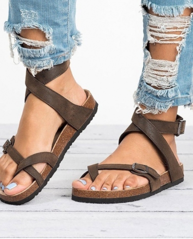 2022 Summer New Sandals Fashion Trend Sandals Metal Buckle One Line Buckle Flat Shoes Ladies Casual Beach Shoes Plus Siz