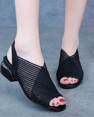 Low Heel Women Sandals 2022summer Open Toe Mesh Women Shoes Fashion Thick Heel Sandals Women Simple Trend Fish Mouth Sho