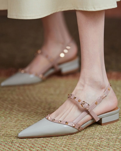 Fashion Baotou Women Sandals 2022ladies Low Heel Sandals Pointed Toe Rivet Buckle Strap Women Shoes Banquet Everyday Wom
