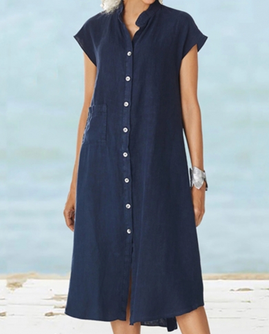 Casual Short Sleeve Stand Collar Shirt Dress Women Fashion Solid Loose Single Breasted Dress Lady Simple Pocket Asymmetr