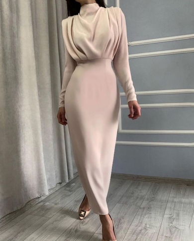 New Fashion Solid Party Dress Women Elegant Stand Collar Pleated Slim Long Dresses Lady  Autumn Spring Casual Commute Dr