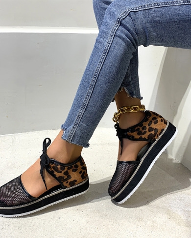 New Womens Sandals Casual Mesh Leopard Platform Shoes Flat Shoes Summer Fashion Lace Up Sandals Black Beige Plus Size 3