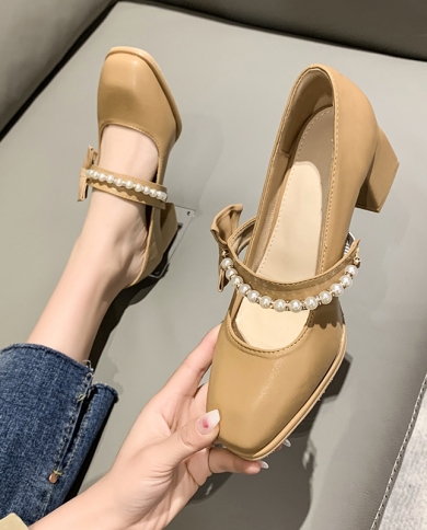 Mary Jane Shoes Autumn  New All Match Women Shoes With Thick Heels High Heels Square Toe Shoes Leather Shoes Single Shoe