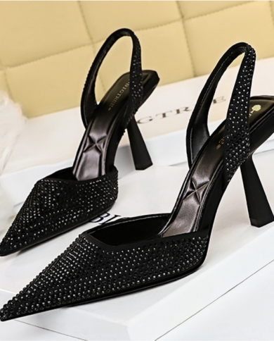 Women High Heel 2022 New Rhinestone Pointed Toe Shallow Sandals Low Heel Back Strappy  Pumps Bling Shoes Plus Size 3543