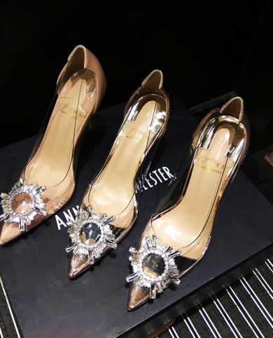 2022 Summer New Style  Lady Women Shoes Transparent Pvc Clear Crystal Buckle Point Toe High Heels Pumps Fashion Heels Wo