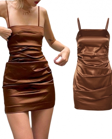 Kayotuas Women Pencil Dress Bag Hip Pleated Summer Backless Spaghetti Strap Bodycon Brown Solid Color Evening Party Club