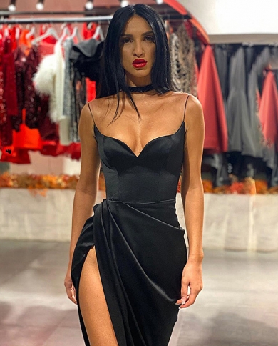 Kayotuas Women Dress Spaghetti Straps Black  Backless Midi Gown Party Club Sleeveless Bodycon Split Solid Hot Sale