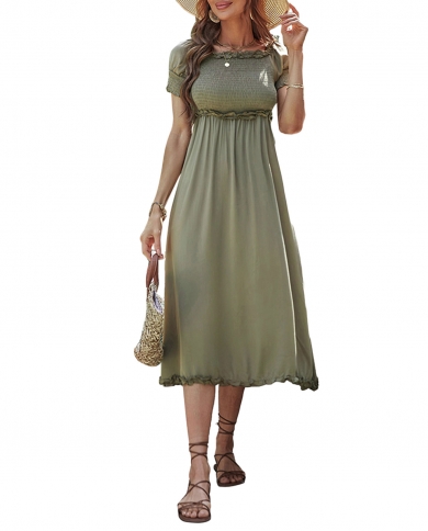 Kayotuas Women A Line Dress Summer Boho Beachdress Army Green High Waist Pleated Ruffles Elegant Ladies Streetwear